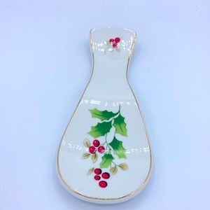 Royal Norfolk Holly And Berries Porcelain Spoon Rest Gold Trim Christmas Holiday